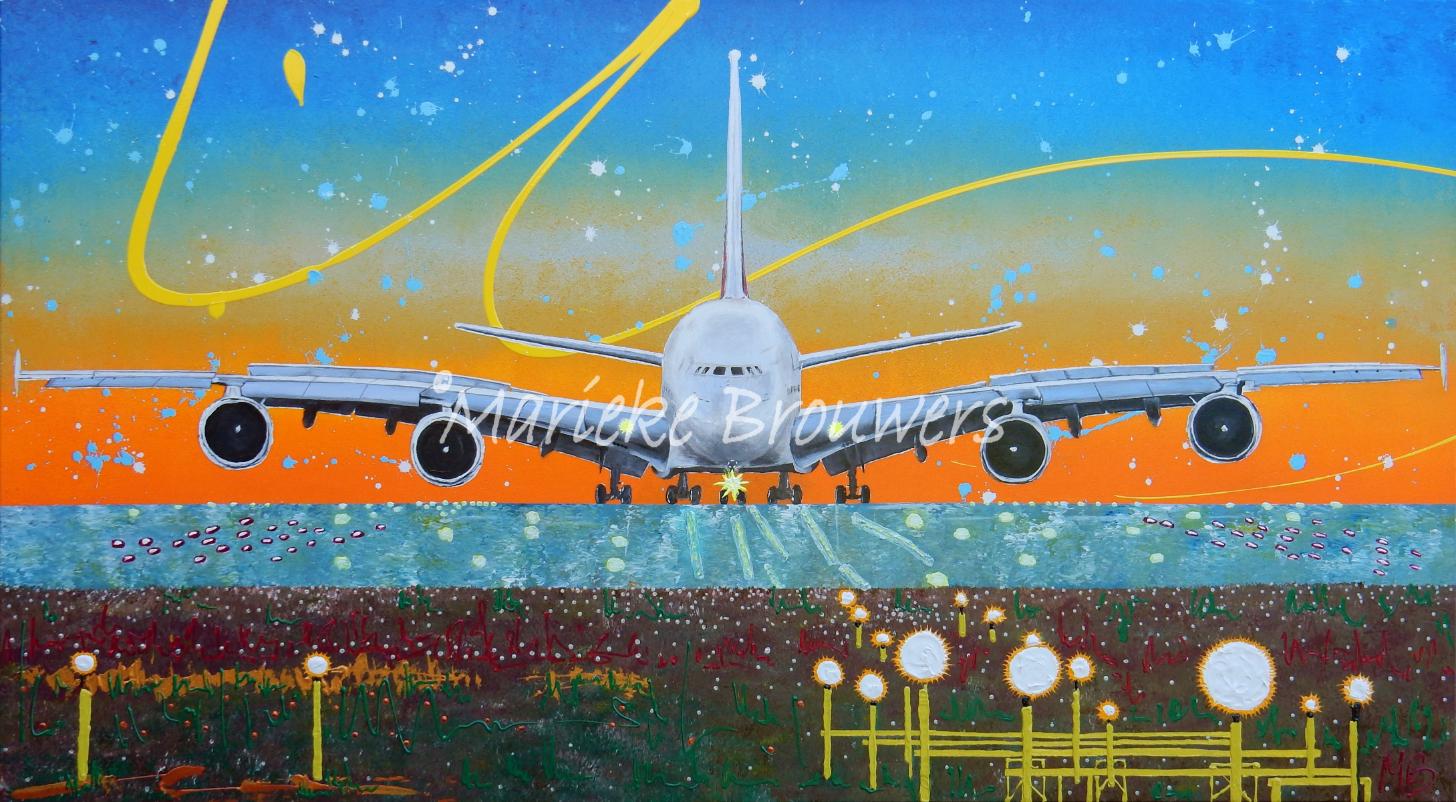 handgeschilderd realistisch kunstwerk gemaakt in opdracht door marieke brouwers, waarbij de airbus geschilderd is met een zonsondergang op de achtergrond