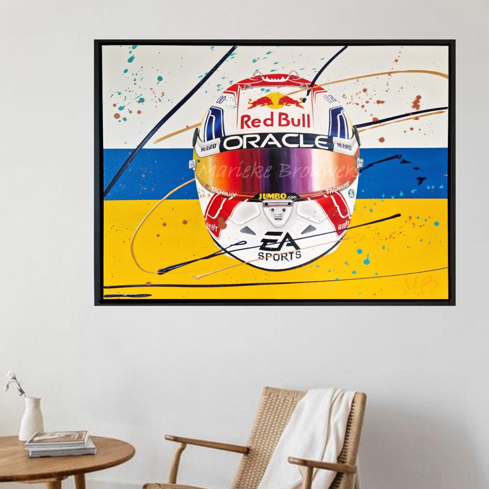 hyperrealistisch formule 1 schilderij in opdracht laten maken, in de kleuren van de vlag van limburg, met de namen red bull, oracle en ea sports geschilderd